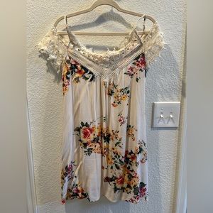White Floral Off Shoulder Lace Accent Dress
